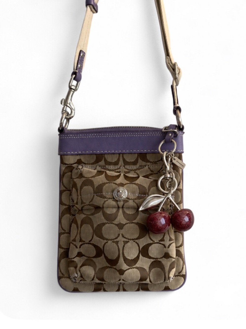 Vintage COACH 7082 💜 Lavender Leather Trim  Signature Crossbody Y2K